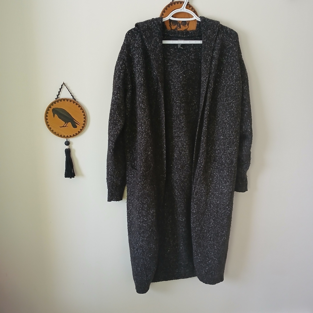 Long Black Salt & Pepper Colored Sweater With Hood & Pockets From Forever 21